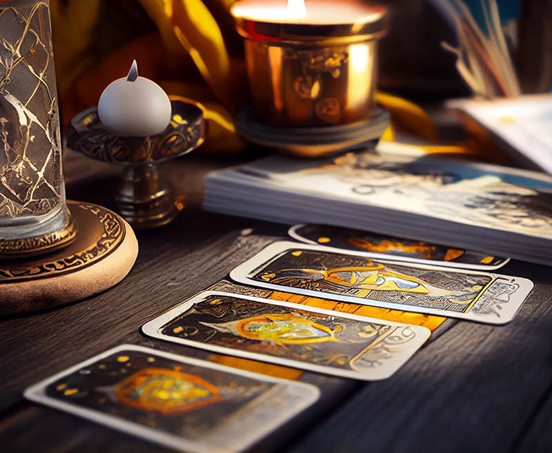 Mesa de lectura de tarot con cartas del tarot como El Loco y La Sacerdotisa, acompañada de cristales y velas encendidas, evocando un ambiente místico y espiritual.